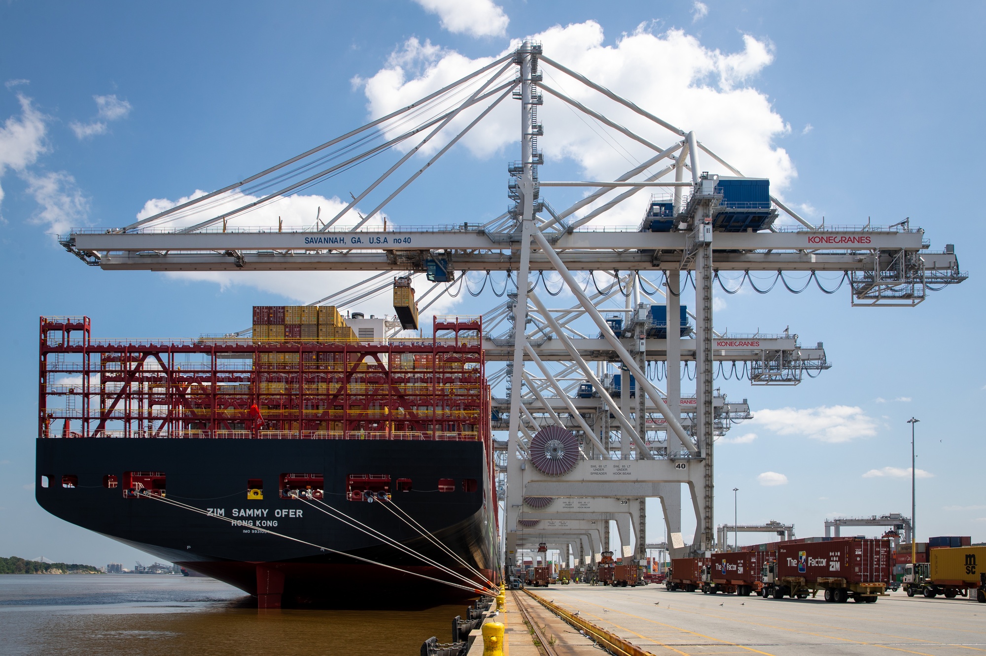ZIM SAMMY OFER moored alongside quay cranes at the Port of Savannah.