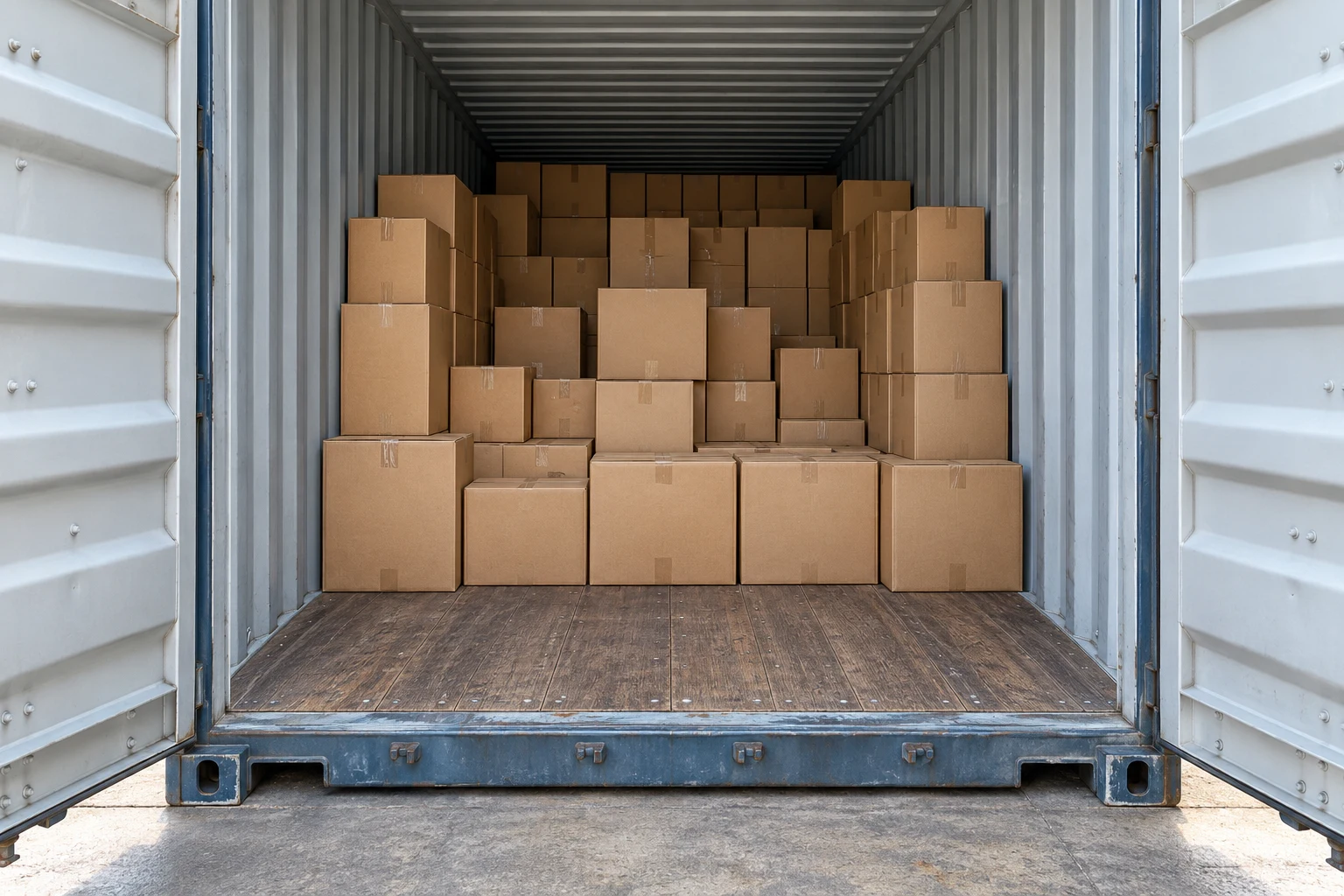 Illustration of a floor-loaded shipping container with cardboard cartons stacked directly on the wooden floor, without pallets.